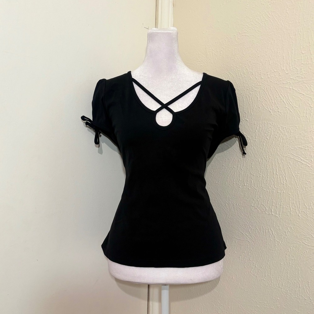 Hell Bunny Black Criss Cross Keyhole Short Sleeve Top Size 2XL Rockabilly Goth